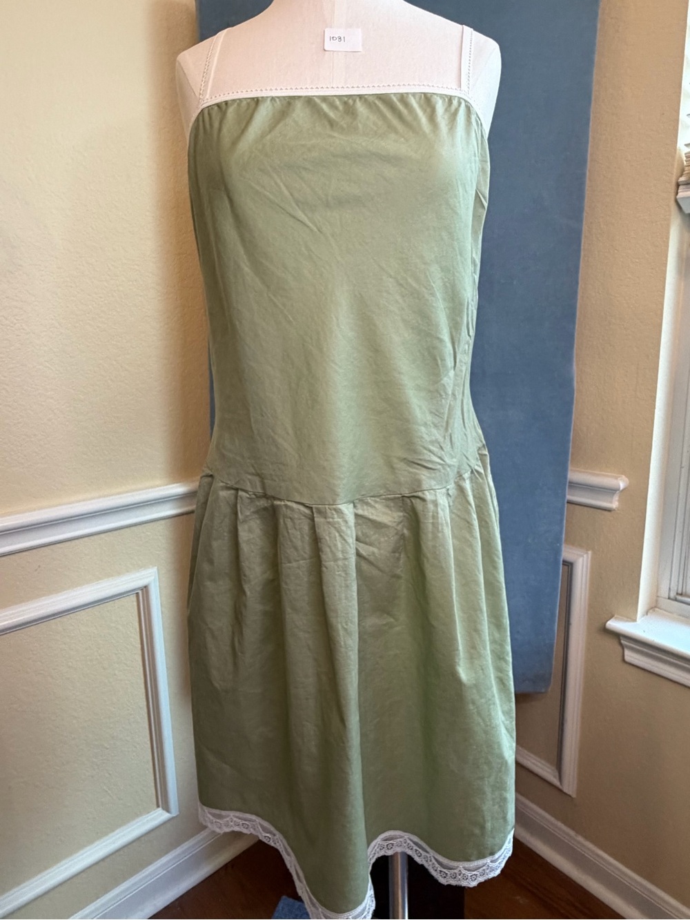 Tom K Nguyen Cotton Slip Dress Sage Summer Strappy Dress with Lace Trim Size 8